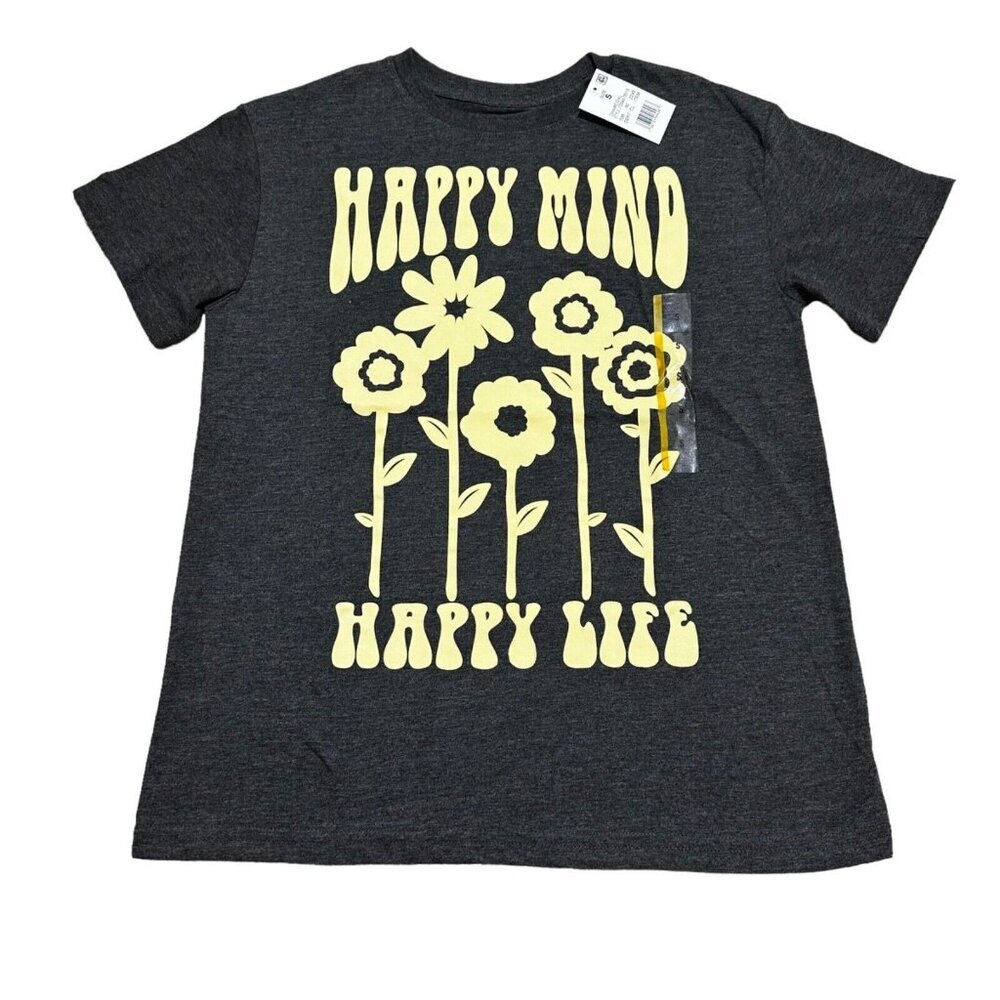 Modern Lux Women Size S Happy Mind Happy Life Floral Graphic Tee Charcoal Grey